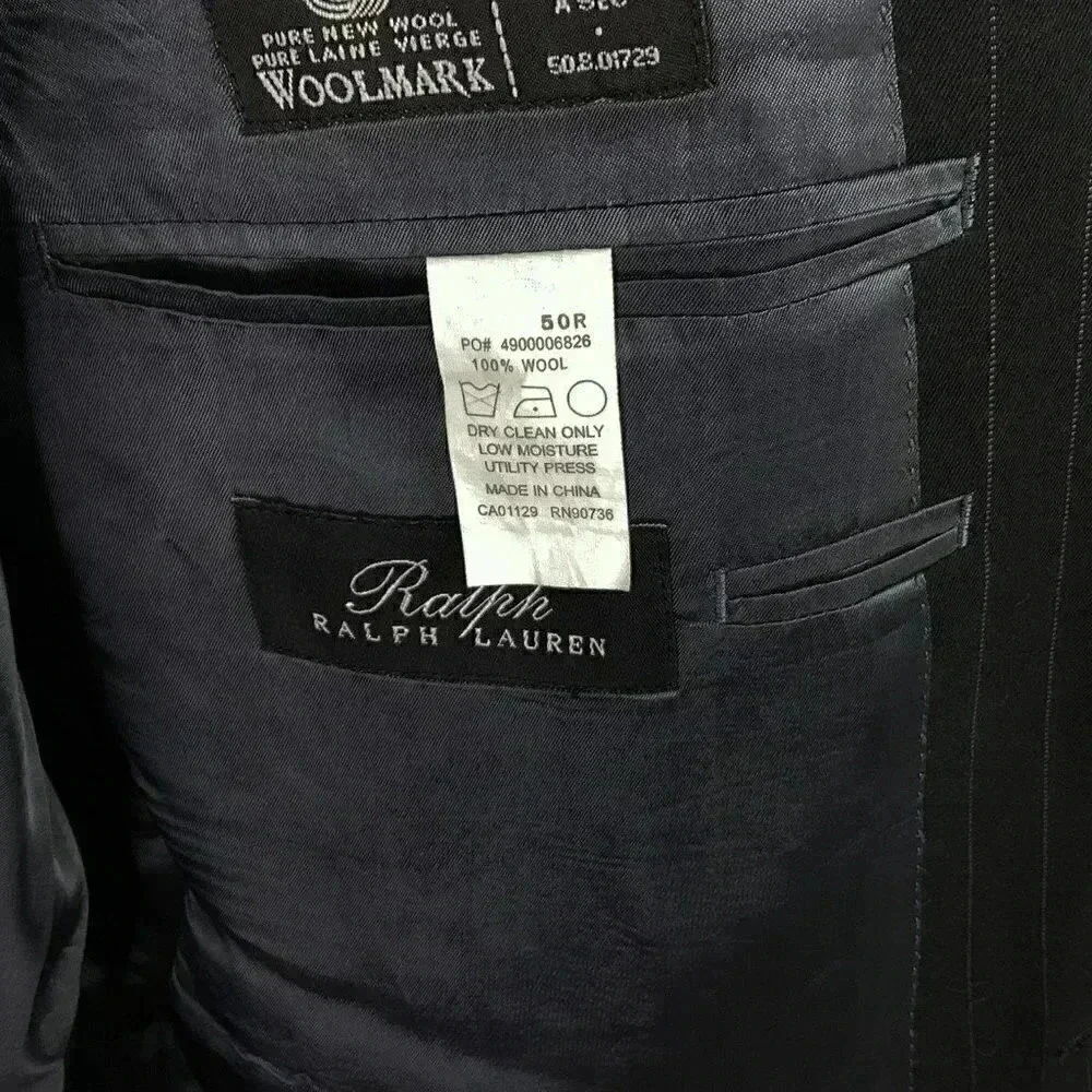 Ralph Ralph Lauren RRL Men 50R Pinstripe Wool Blazer Sport Coat Jacket Black